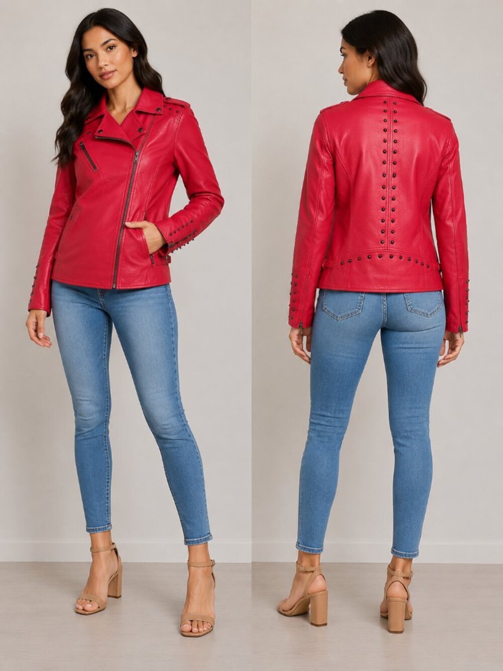 Red Studded Moto Jacket Faux Leather Edgy Statement L